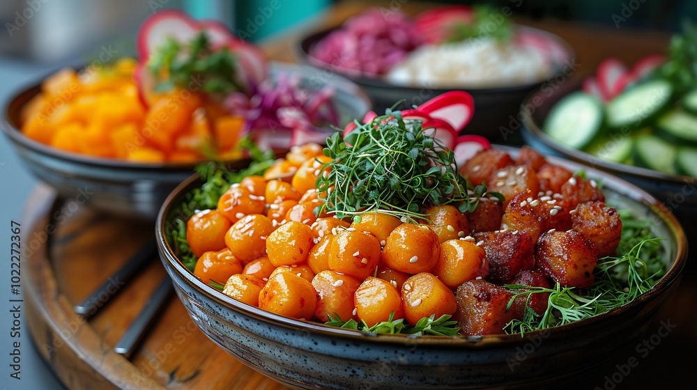 Highlight beauty and vibrancy of a colorful Buddha bowl filled with nutritious ingredients arranged in an artistic and appetizing manner Highlight beauty and vibrancy of a colorful Buddha bowl filled with nutritious ingredients arranged in an artistic and appetizing manner