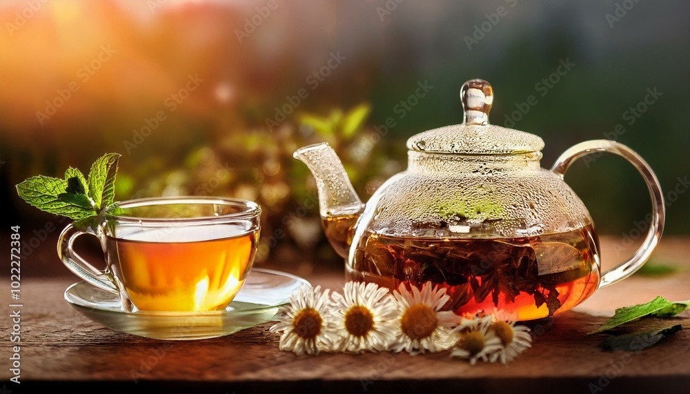 A cozy scene of a herbal tea infusion, with dried herbs like chamomile and mint visible in t A cozy scene of a herbal tea infusion, with dried herbs like chamomile and mint visible in t