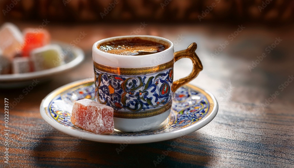 A traditional Turkish coffee in a small, ornate cup with an intricate pattern, served on a m A traditional Turkish coffee in a small, ornate cup with an intricate pattern, served on a m