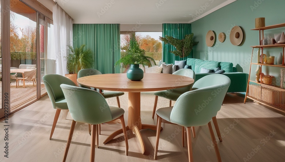 Mid-century modern dining setup featuring mint-colored chairs circling a sleek wooden round Mid-century modern dining setup featuring mint-colored chairs circling a sleek wooden round