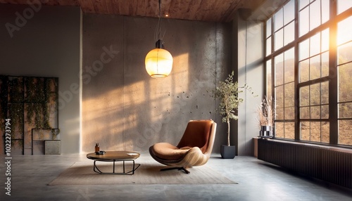  Streamlined loft interior design with a single armchair, an angular coffee table, and a pend photo