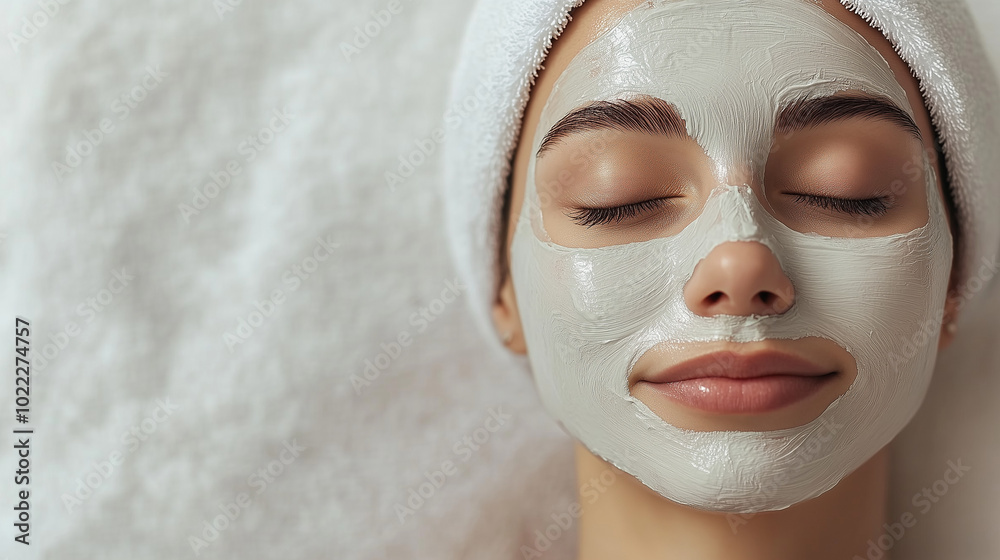 A high-quality close-up image of a woman relaxing while wearing a hydrating face mask, captured in soft, natural lighting with a clean, minimalist background A high-quality close-up image of a woman relaxing while wearing a hydrating face mask, captured in soft, natural lighting with a clean, minimalist background