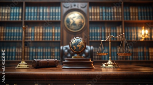 A legal desk with a globe and scales in a library setting.