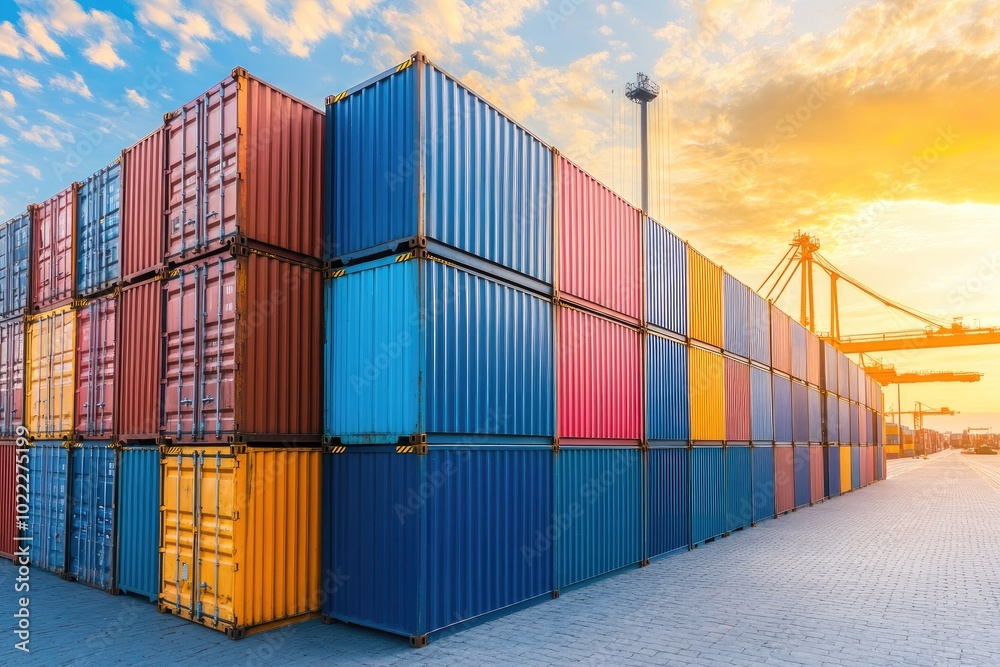 Fototapeta premium Colorful Shipping Containers Stacked in an Industrial Storage