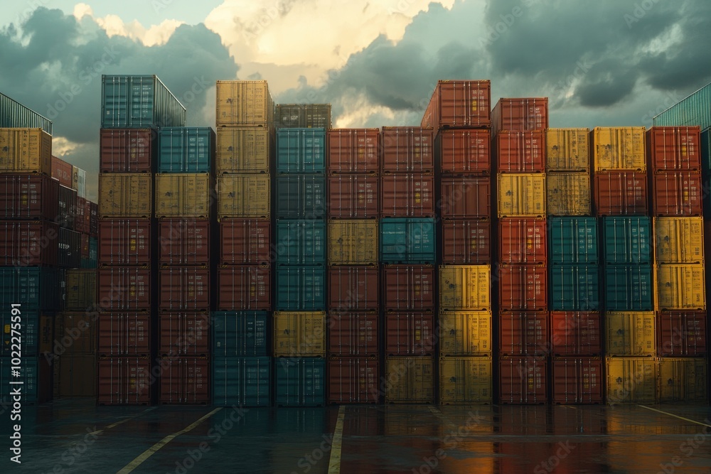 Fototapeta premium Colorful Shipping Containers Stacked in an Industrial Storage