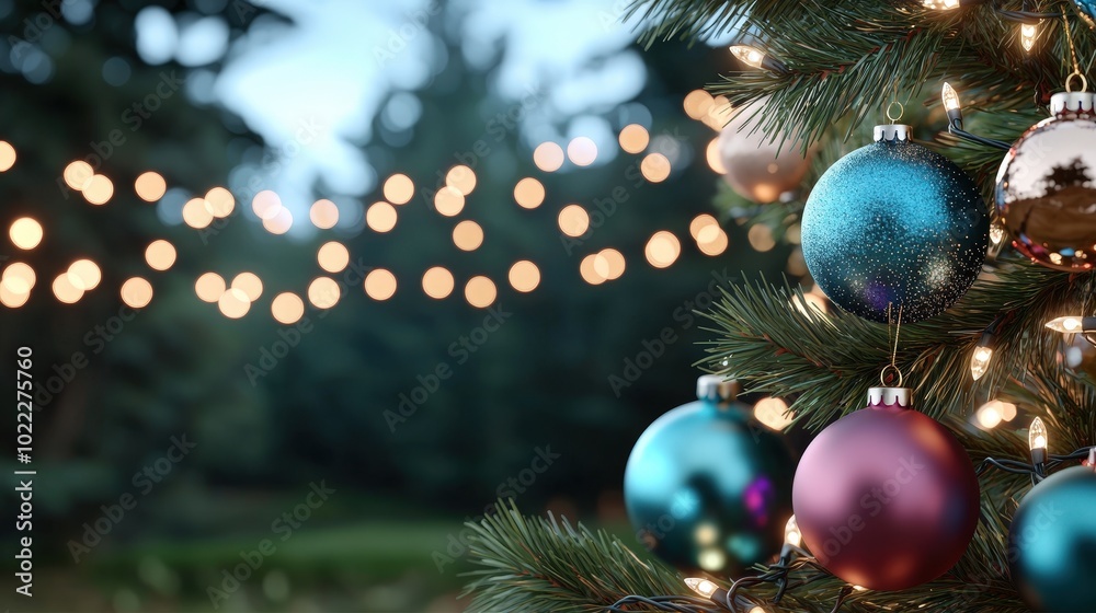 Fototapeta premium Christmas Tree Ornaments with Lights and Bokeh Background