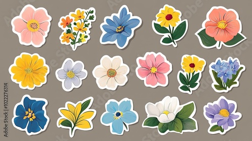 Set of vibrant flower stickers, flat vector style, featuring various beautiful colors, isolated background