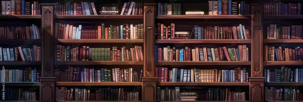 Shelves filled with various textbooks, academic literature, and decorative items create an inviting study atmosphere in the room. Generative AI
