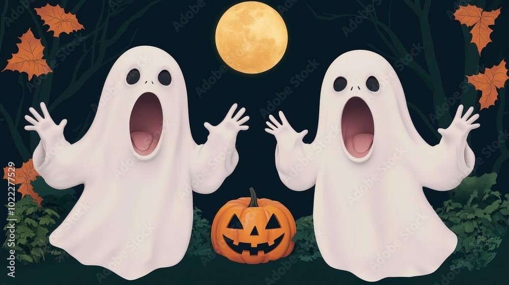 Halloween Ghosts with Jack o lantern in Forest Night Halloween Ghosts with Jack o lantern in Forest Night