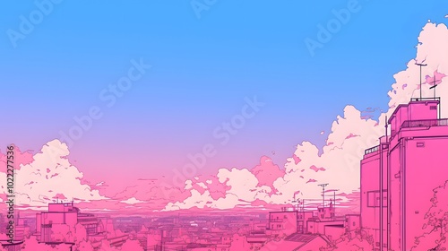 pink ambient building sky anime syle with black outline illustration