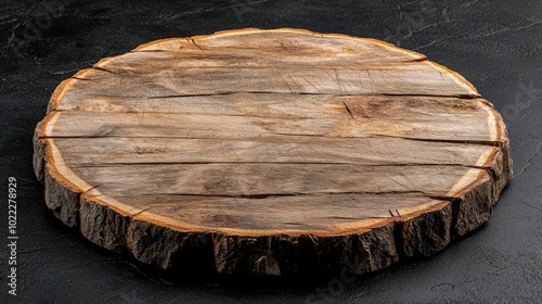 Rustic Wooden Tree Slice Cutting Board on Black Background Top View