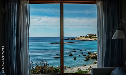 Beautiful view from the window to the sea and palm trees.