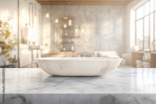 Elegant marble bowl on a polished countertop in a bright, contemporary kitchen setting with natural light streaming through windows