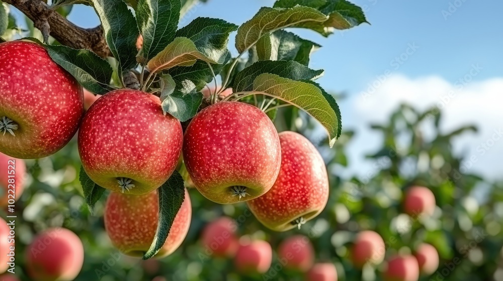 Ripe Red Apples Hanging on a Branch in an Orchard Ripe Red Apples Hanging on a Branch in an Orchard