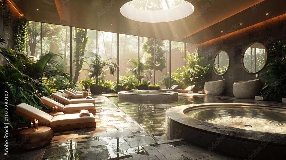 Fototapeta premium Invite viewers indulge in relaxation with an image of a luxurious spa retreat featuring serene landscapes and pampering treatments