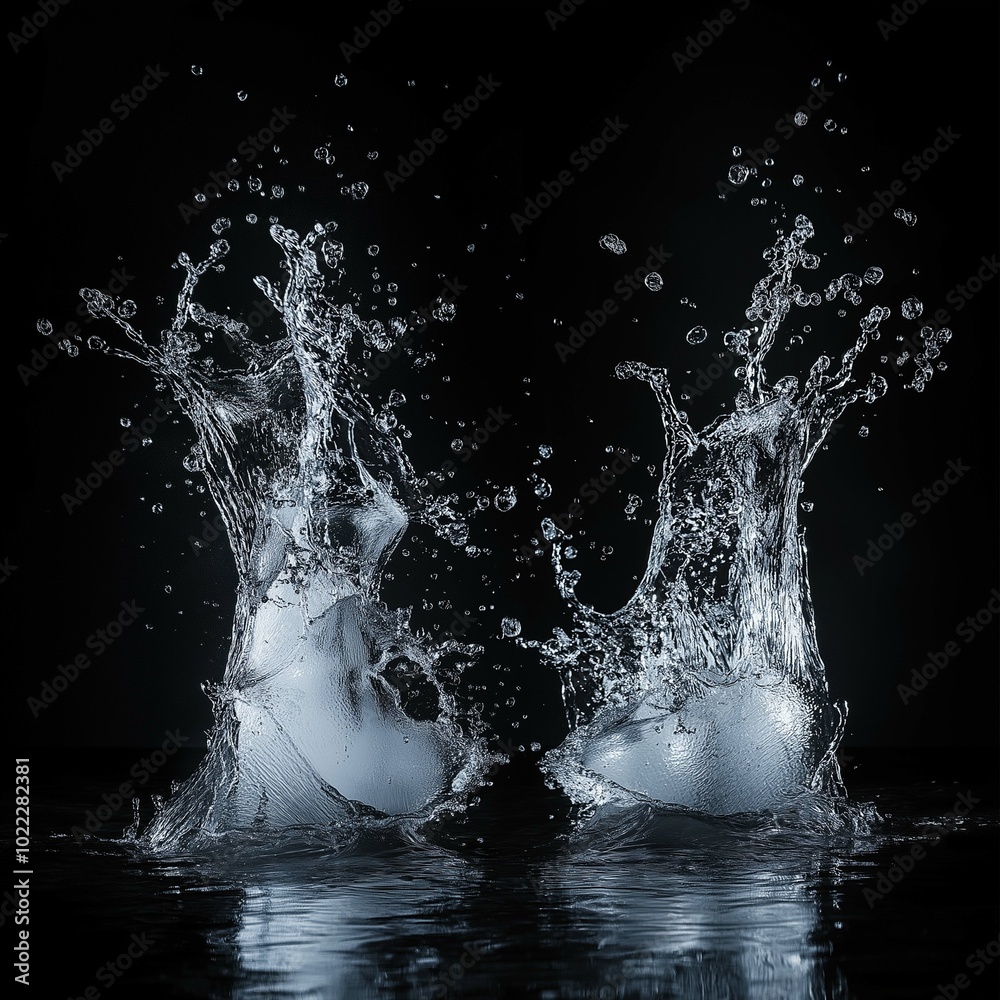 A high-resolution studio-style image showing water splashing dynamically from both the left and right sides, meeting in the center with a burst of fine droplets spreading outward. The lighting is A high-resolution studio-style image showing water splashing dynamically from both the left and right sides, meeting in the center with a burst of fine droplets spreading outward. The lighting is