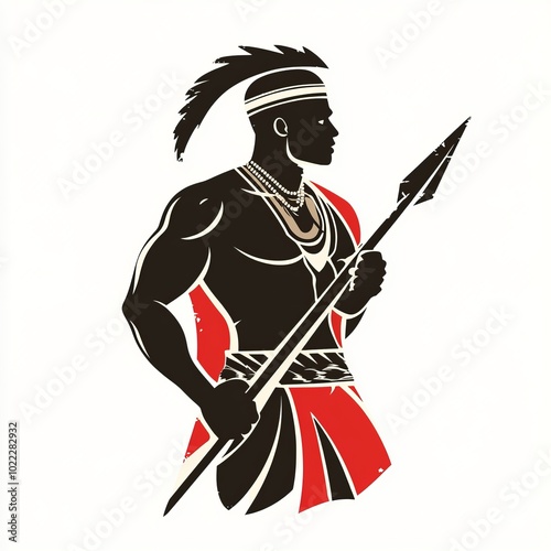 Strong Warrior Silhouette with Spear and Traditional Attire