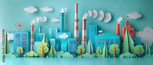 A simple colorful paper cut craft in industrial city symbolizing eco-friendly urban development, sustainable living, and community housing concepts