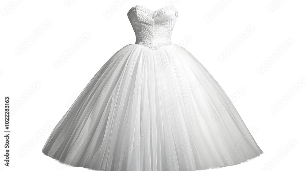 Obraz premium Elegant white wedding dress design featuring a full tulle skirt and delicate lace bodice creating a classic princess style silhouette against a clean minimal backdrop