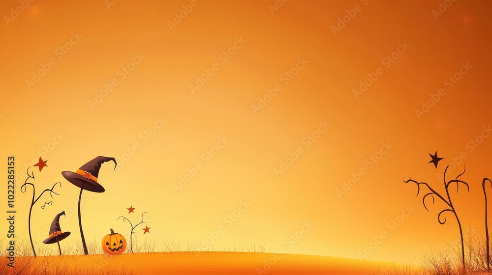 A fun and light-hearted Halloween doodle background with drawings of witches hats, broomsticks, and stars, set against a bright, playful orange sky.