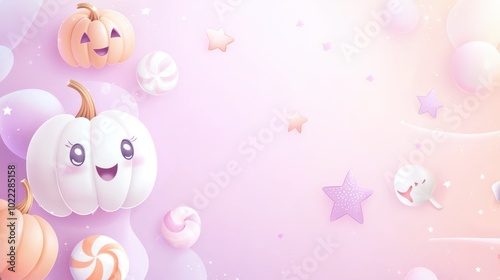 A light and airy Halloween background in pastel colors, featuring cute doodles of pumpkins, stars, and candy in soft pinks and purples.