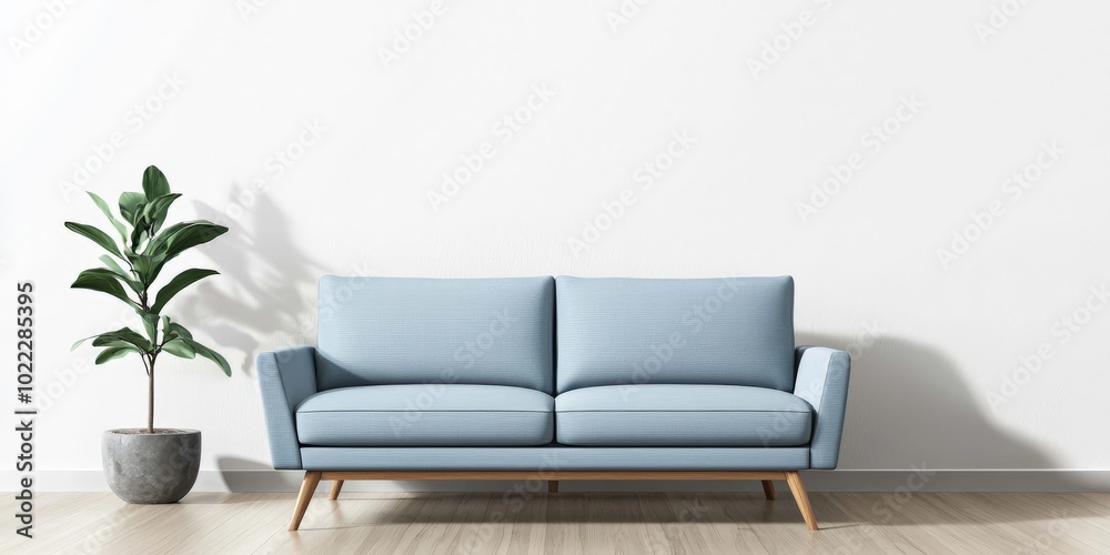 A Scandinavian-style living room with a soft blue fabric sofa, light wooden floors, and minimalist decor, emphasizing simplicity and comfort, all bathed in soft natural light A Scandinavian-style living room with a soft blue fabric sofa, light wooden floors, and minimalist decor, emphasizing simplicity and comfort, all bathed in soft natural light