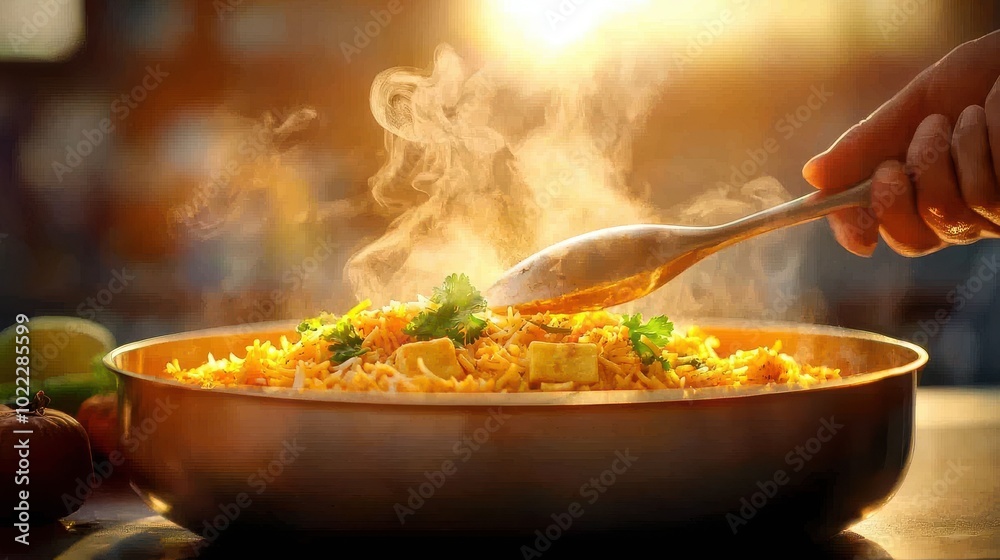 Paneer biryani being served hot from a large pot, with visible steam rising and the aromatic spices filling the air. Paneer biryani being served hot from a large pot, with visible steam rising and the aromatic spices filling the air.