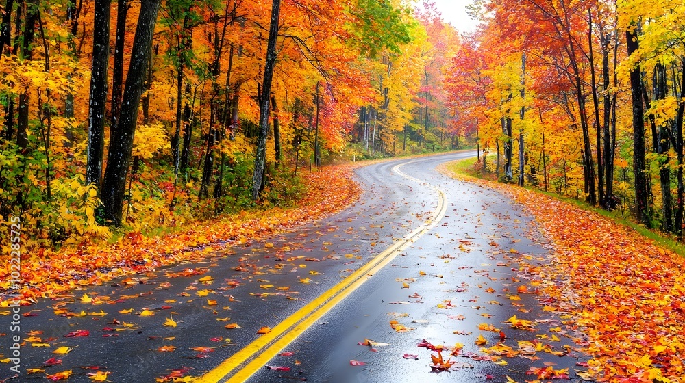 Obraz premium Winding country road cutting through an enchanting autumnal forest with a vibrant tunnel of colorful fall foliage covering the pathway and a bright clear sky overhead