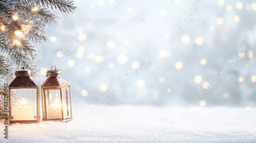 A serene winter scene featuring two lanterns glowing softly in snow, surrounded by frosty landscape and twinkling lights. This image captures warmth and magic of holiday season