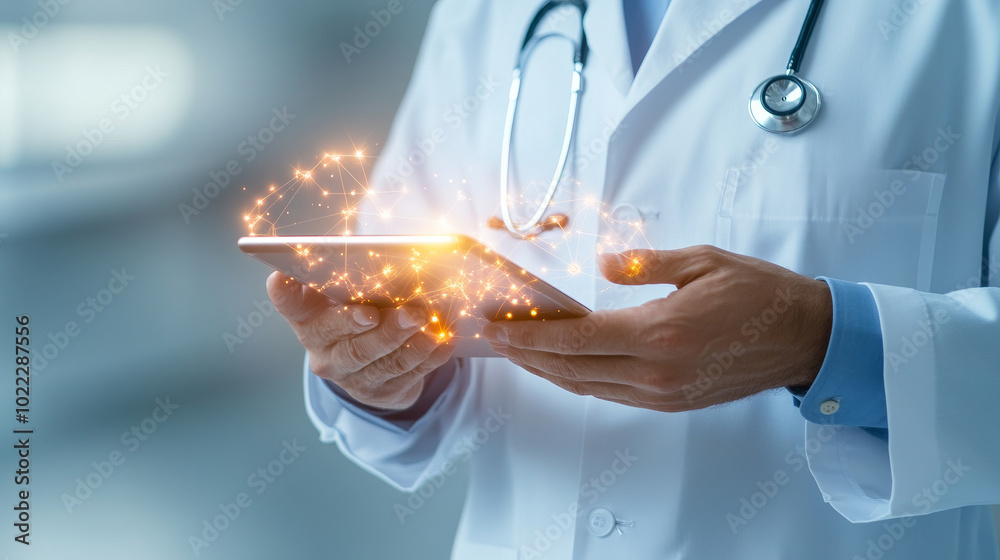 A healthcare professional in white coat uses tablet, surrounded by glowing digital elements, symbolizing innovation in medicine and technology A healthcare professional in white coat uses tablet, surrounded by glowing digital elements, symbolizing innovation in medicine and technology