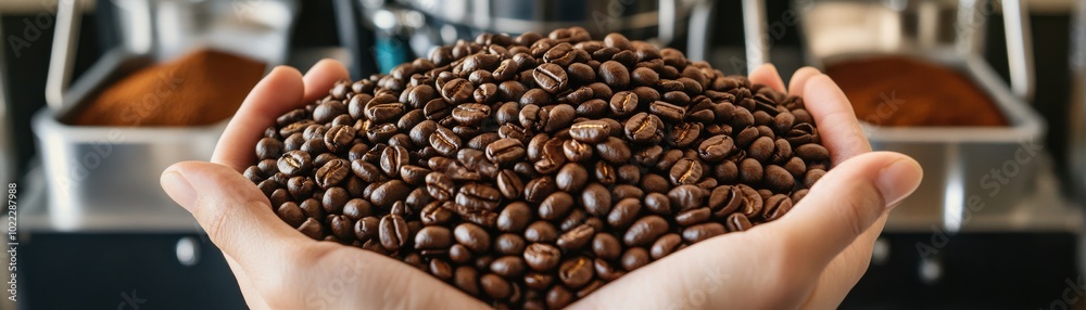 A close-up of hands holding fresh coffee beans, showcasing their rich color and texture, perfect for coffee lovers and enthusiasts. A close-up of hands holding fresh coffee beans, showcasing their rich color and texture, perfect for coffee lovers and enthusiasts.
