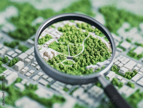 A close-up view of a city landscape magnified to reveal lush greenery. Perfect for illustrations of nature in urban planning.