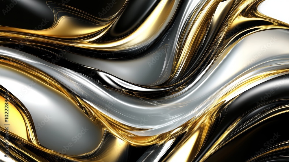 Abstract waves of gold, silver, and black colors