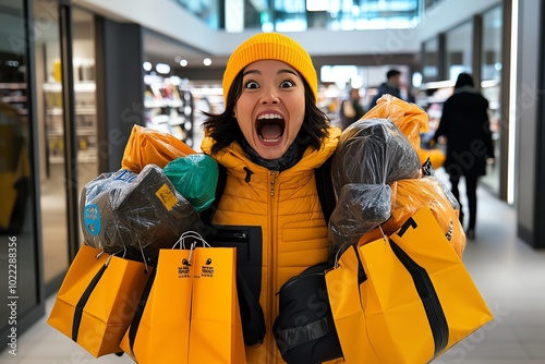 Realistic depiction of an excited shopper leaving a store, struggling to carry all of their bags after a successful shopping spree photo