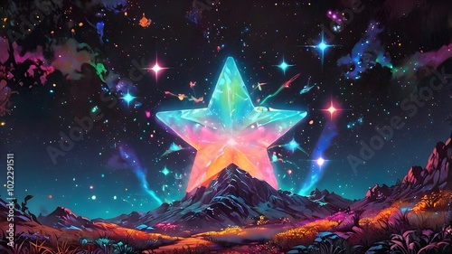 fantastic landscape with a huge multicolored crystalline star floating above a mountain, fantastic landscape, crystalline star, colorful night sky, magical mountain, aurora borealis, imaginary galaxy