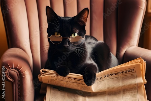 a black cat with glasses sitting in an armchair reading a newspaper, black cat, round glasses, newspaper, leather armchair, reading, intellectual feline, smart pet, elegant pet, news, pet, animal