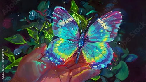 bright and colorful butterfly perched on a hand, surrounded by green leaves, butterfly, colorful, fantasy, digital art, iridescent, nature, hand, leaves, vibrant, surrealism, magical, transformation
