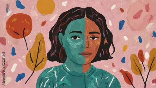 abstract portrait of a person with face divided in two colors, abstract portrait, duality, contemporary art, vibrant colors, two-color face, modern painting, expressionism, diversity, visual identity