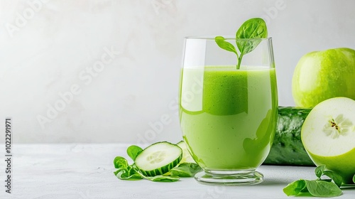 Fresh green smoothie made from spinach, apple, and cucumber, in a glass with fresh greens scattered around, evoking vitality