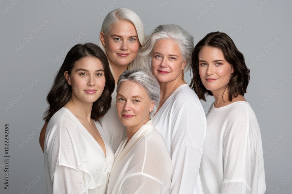 Body Positive Women: A Diverse Group of Five Smiling Models in White, Showcasing Unique Features Against a Clean Grey Background with Accentuated Hair and Studio Lighting Body Positive Women: A Diverse Group of Five Smiling Models in White, Showcasing Unique Features Against a Clean Grey Background with Accentuated Hair and Studio Lighting
