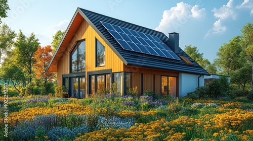 Modern house with solar panels surrounded by vibrant flowers.