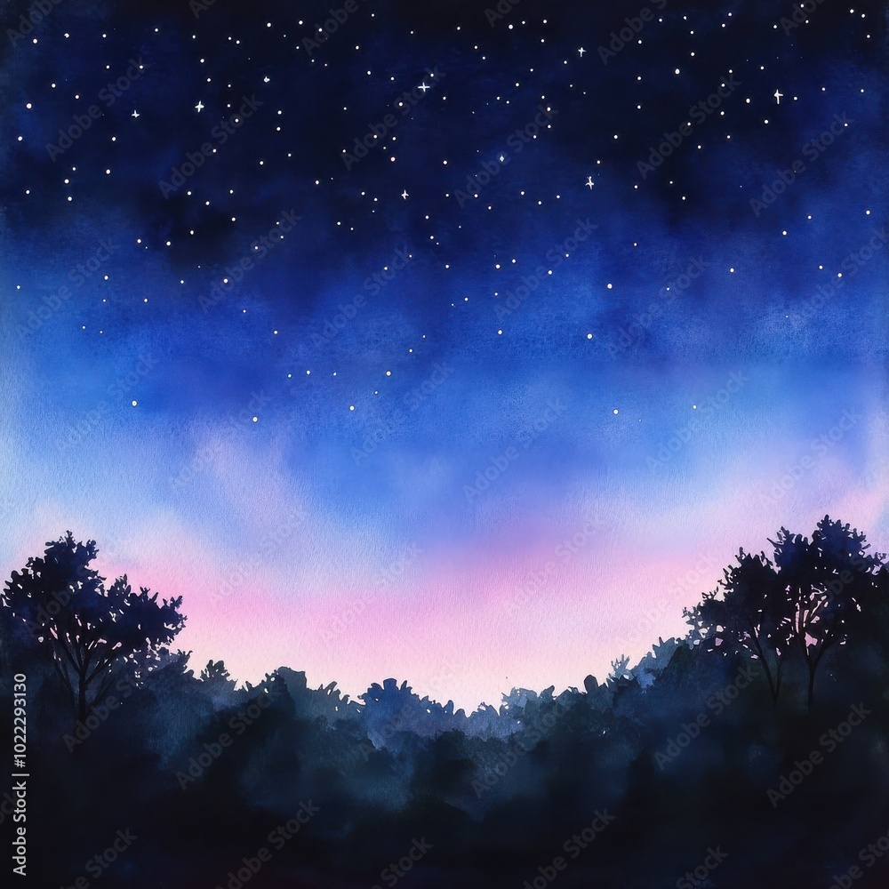 Fototapeta premium Celestial Nightfall: Watercolor Painting of Starry Sky over Silhouetted Trees 