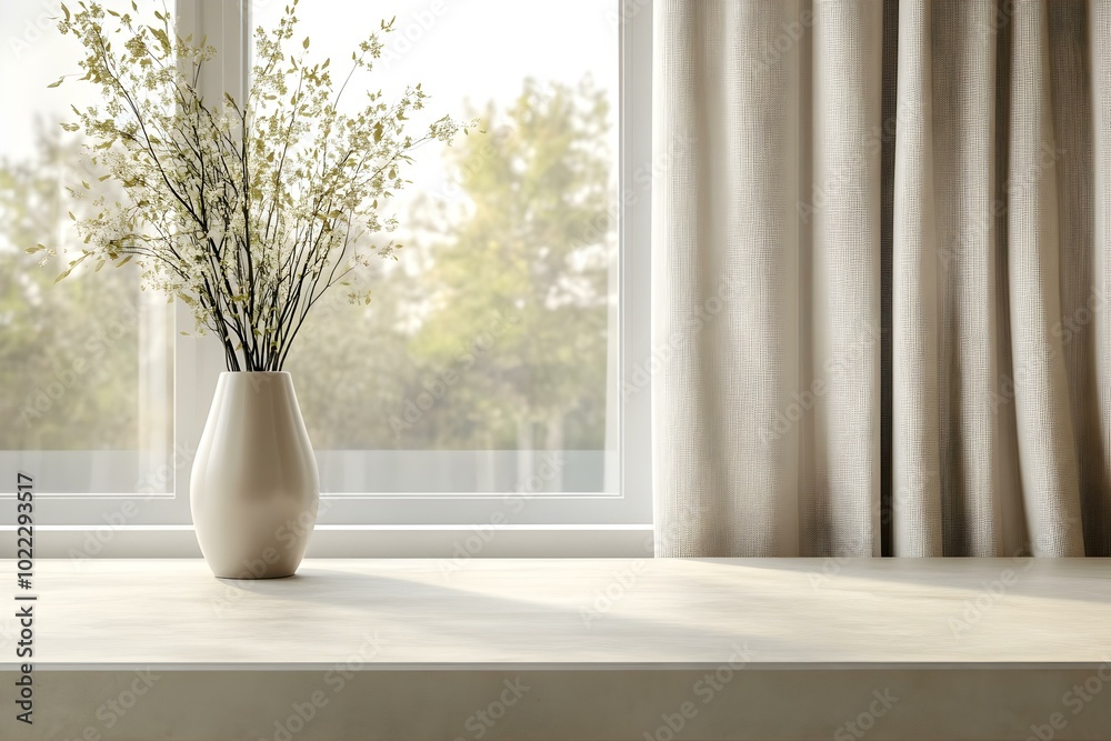 Kitchen Tabletop Against Window Background with Curtains