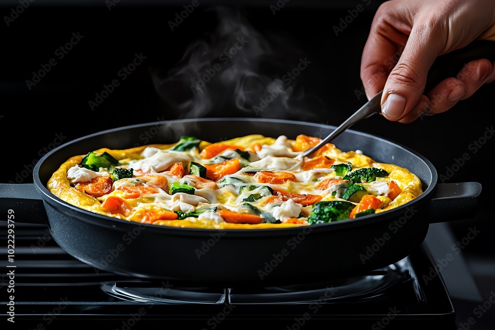 Realistic image of a person preparing a frittata filled with vegetables and cheese, a hearty low-carb breakfast option Realistic image of a person preparing a frittata filled with vegetables and cheese, a hearty low-carb breakfast option
