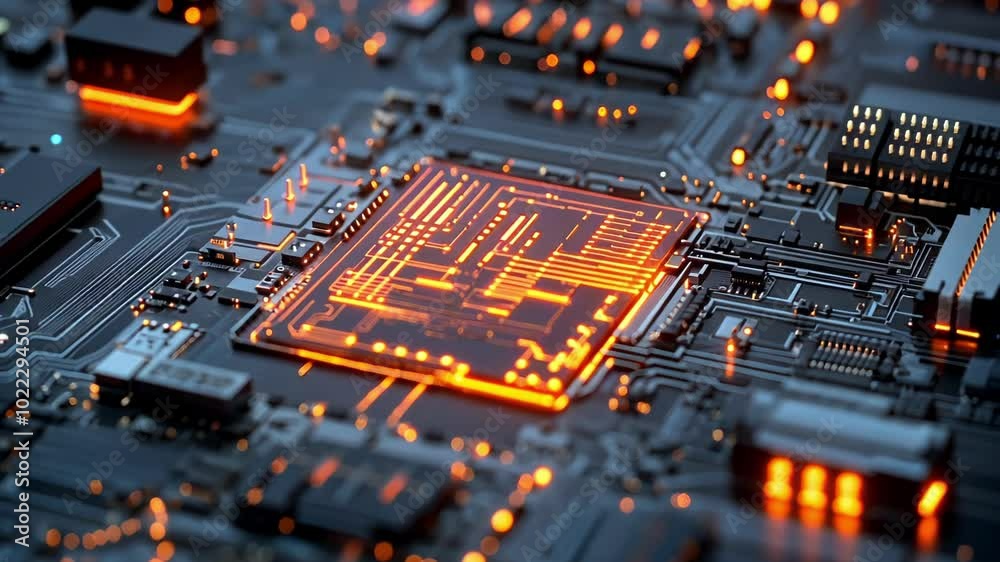A close-up view of a circuit board with glowing components, showcasing technology and design. A close-up view of a circuit board with glowing components, showcasing technology and design.