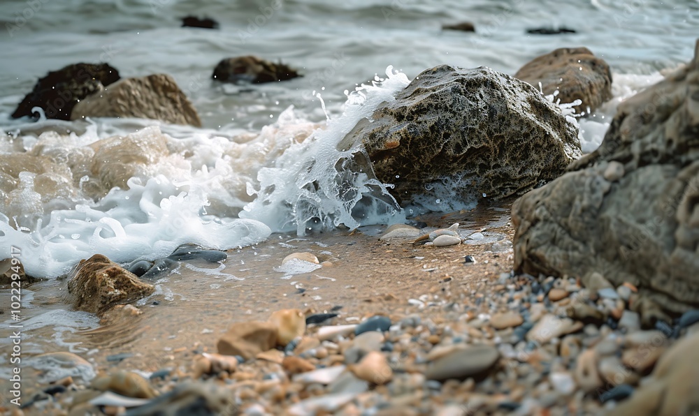 Sea waves lash line impact rock on the beach. Rocks background
