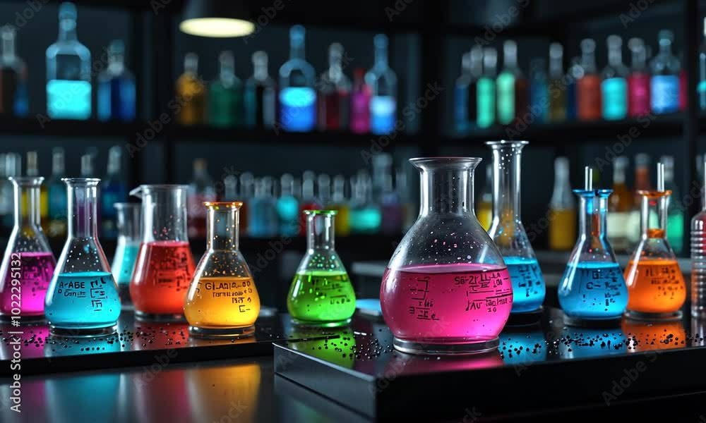 A series of beakers filled with neon-colored liquid A series of beakers filled with neon-colored liquid