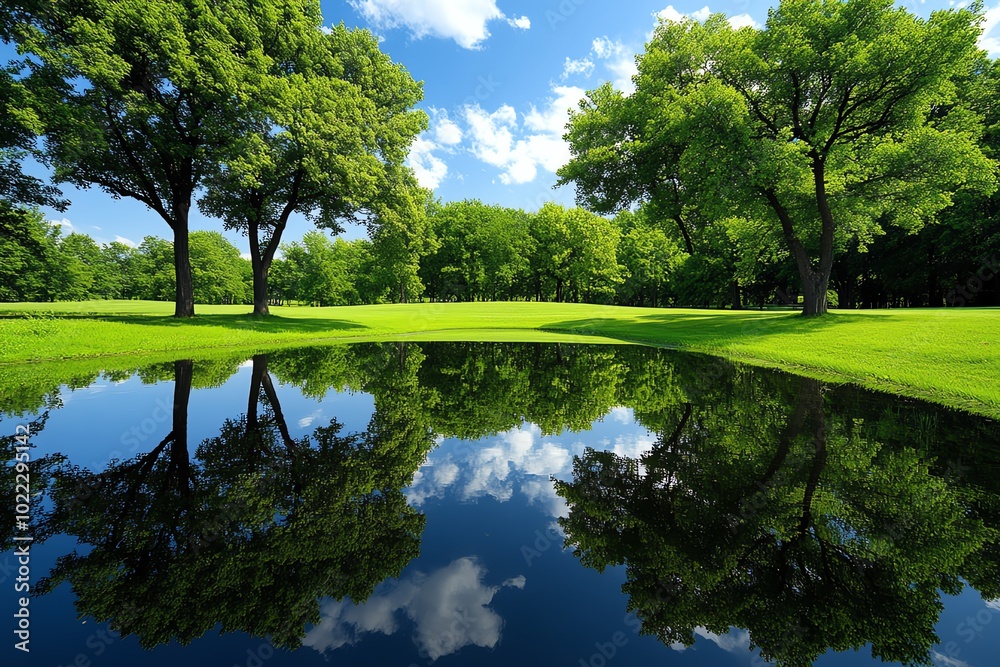 Fototapeta premium Realistic image of a quiet pond surrounded by trees with reflections in the water, symbolizing the mirror-like connection between nature and the human soul in transcendentalist thought
