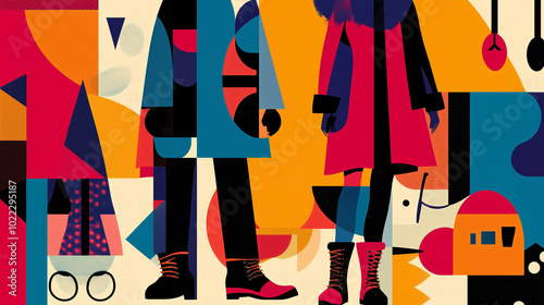 An abstract geometric composition using the silhouettes of winter fashion items like coats, hats, and boots in bold colors and shapes