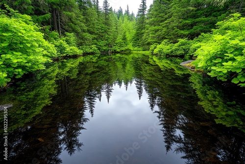 Realistic image of a quiet pond surrounded by trees with reflections in the water, symbolizing the mirror-like connection between nature and the human soul in transcendentalist thought